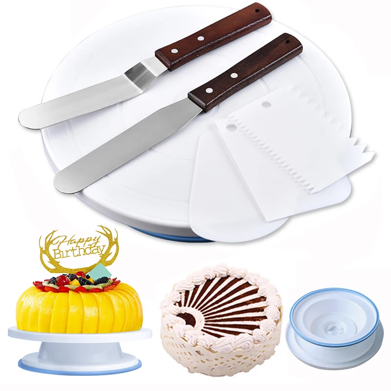 

OLOEY Kitchenware Cake Decorating Tools 6pcs/set Plastic Cake Turntable With Knife DIY Baking Tool Non-Slip Enamel Table Gadgets