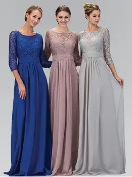 

Long A-line Silver Gray Modest Chiffon Lace Bridesmaid Dresses With 3/4 Sleeves Formal Floor Length Wedding Party Dresses
