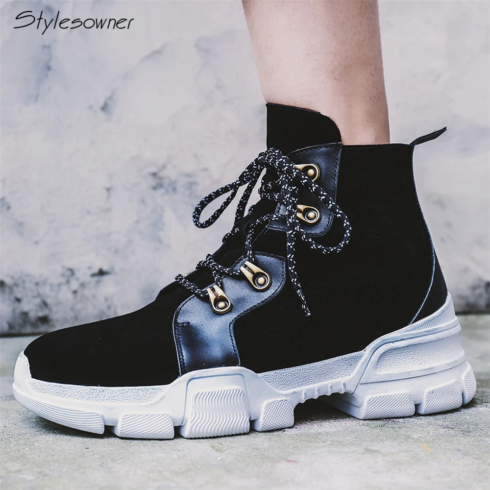 

Stylesowner Brand Design Women Lace Up Short Boots Casual Platform Sneakers Patchwork Suede Leather High Top Shoes Handmade Shoe