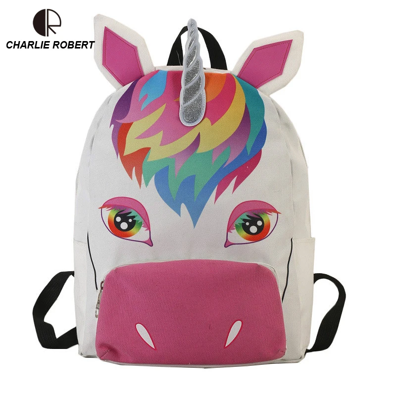 

2018 New Casual women Lady Canvas colorful Cute Cartoon unicorn Solid Bag Appliques softback Backpack drop shopping