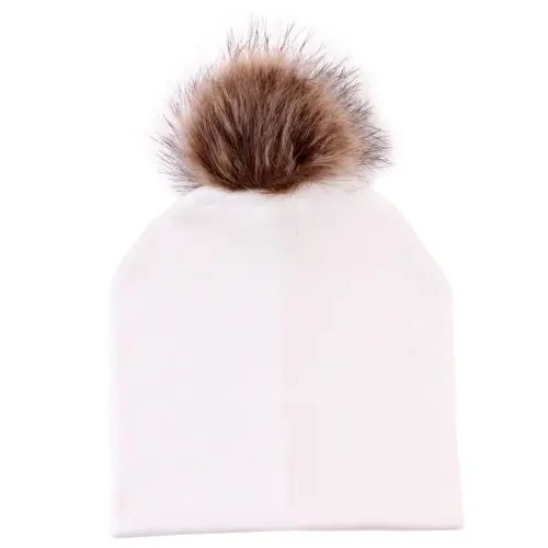 Регулируемый зимний теплый вязаный головной убор для новорожденных мальчиков и девочек, шапка с меховым помпоном, вязаная шапка с бортами - Цвет: Белый