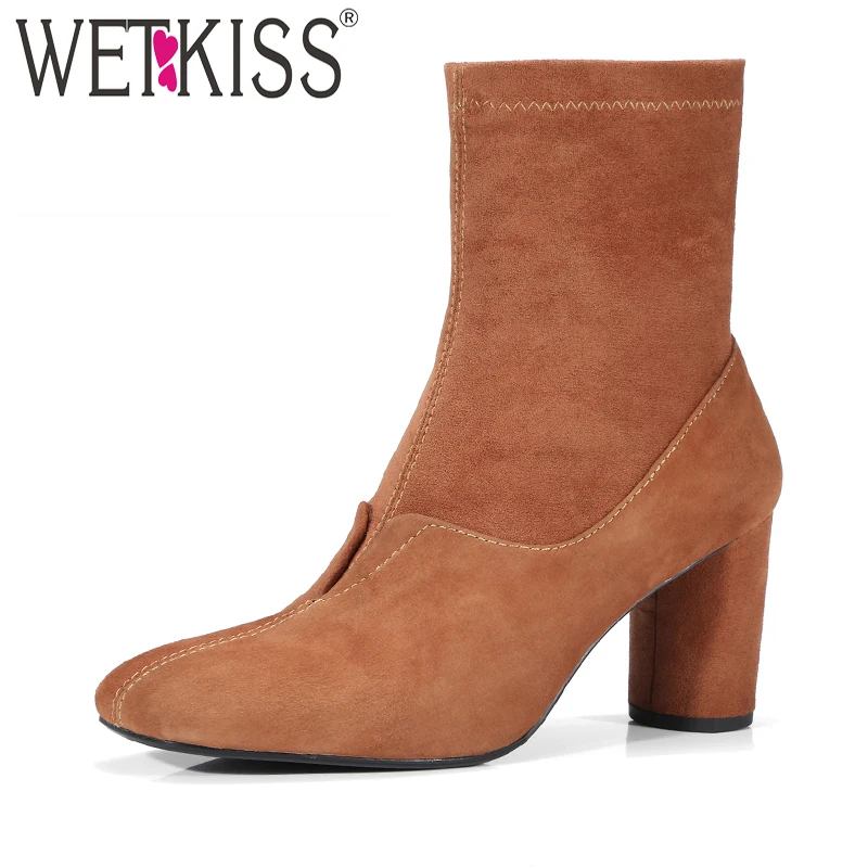 

WETKISS Sexy High Heel Stretch Ankle Boots Slip On Autumn Winter Boots Genuine Leather Suede Women Shoes 2018 New Arrival