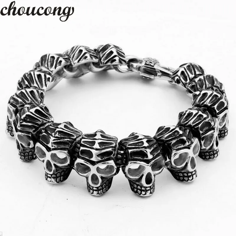 

choucong New 316L Stainless Steel Bracelet Length 21cm Huge Heavy Men's Skeleton Skull bracelet Ghost bangle Biker Punk Jewerly