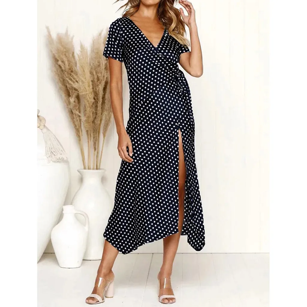 

JAYCOSIN 2019 New Summer Women Dresses Sexy Bohemian Fashion Asymmetrical Polka Dot V-neck Sashes Slit Party Sundress 9May821