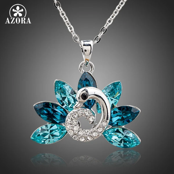 

AZORA The Peacock Spreads its tail White Gold Color Stellux Austrian Crystal Pendant Necklace TN0118