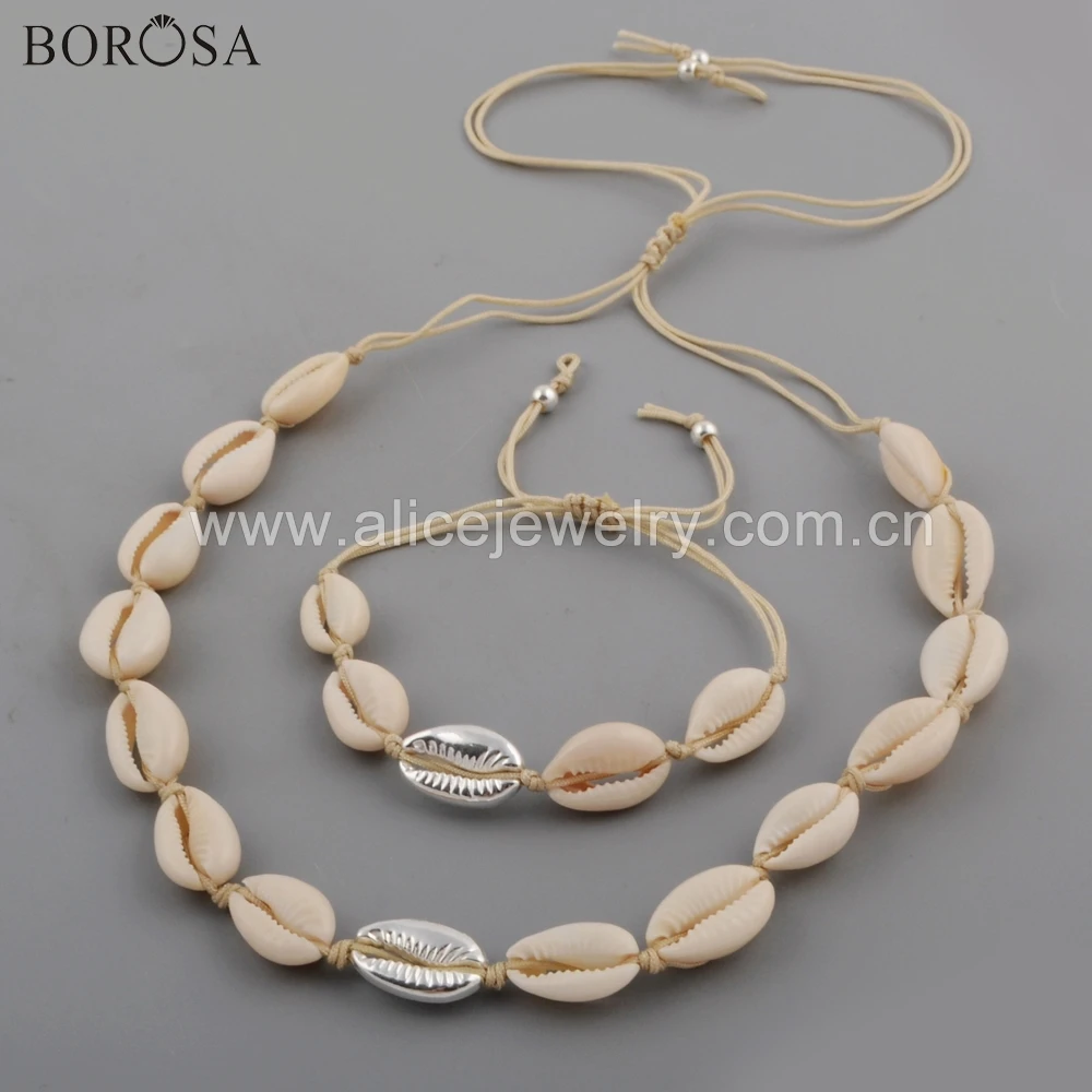 

BOROSA 5Sets Full Silver Color Cowrie Shell Adjustable Bracelet Natural Shell Beads Necklace Summer Beach Jewelry Sets WX1098