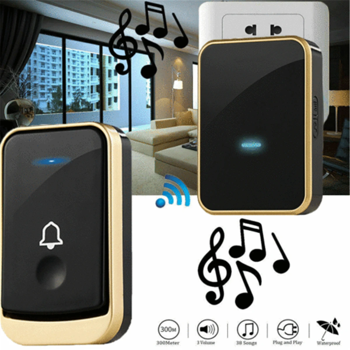 

Wireless Doorbell Battery Operated Door Bell Remote Button+Plug in Receivers