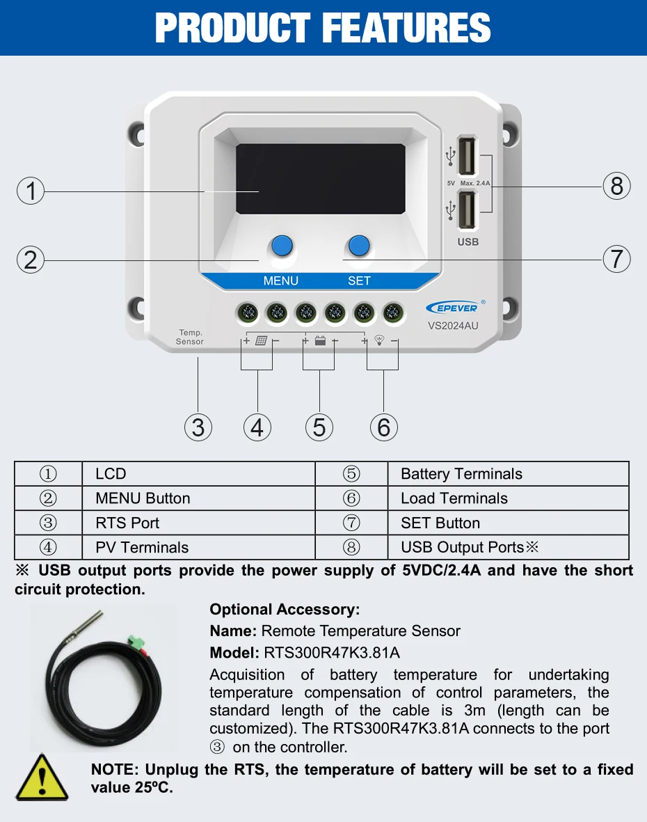 EPever VS2024AU 20A Solar Charge Controller 12V 24V Backlight LCD Dual USB 5V Solar Panel Regulator Common Positive for Home_03
