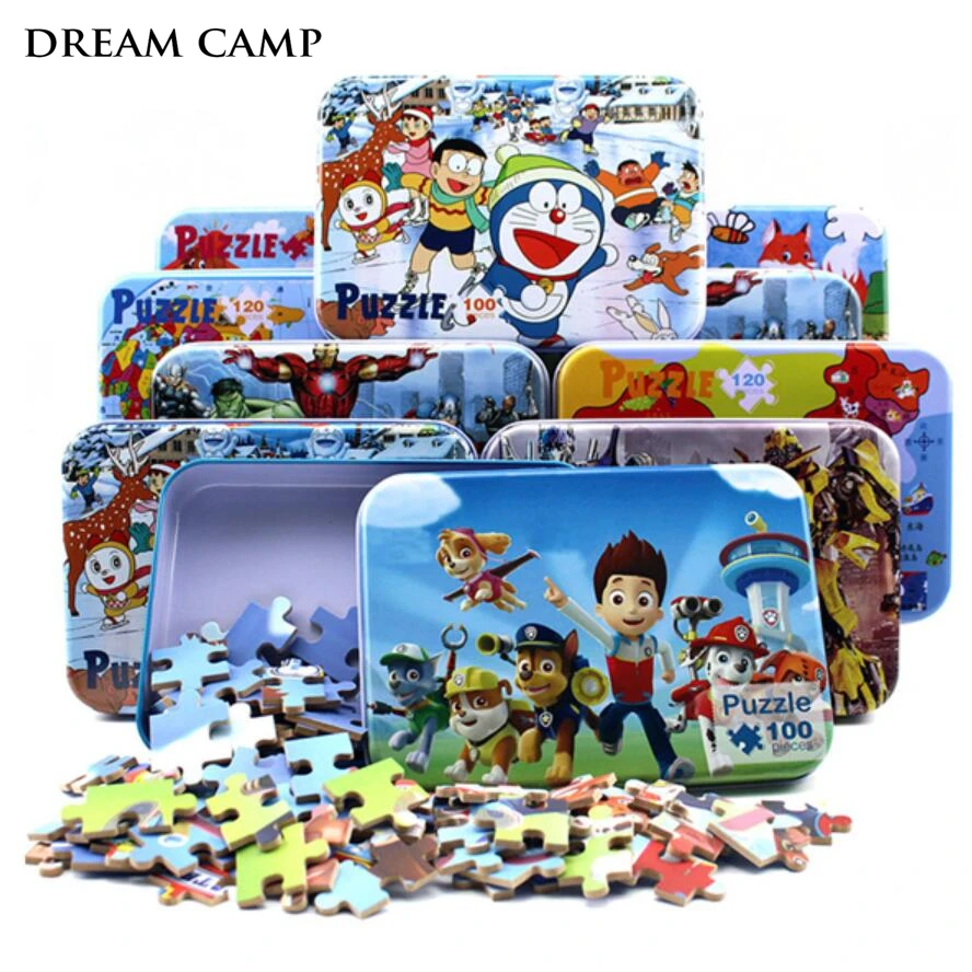 

Non-toxic 100pcs/set Wooden Puzzle Cartoon 3D Wood Puzzle Jigsaw Toys for Children Kids Early Educational Toys (with Iron Box)