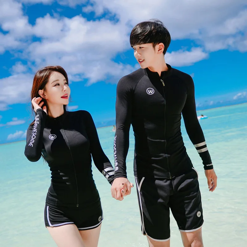 

2 or 3 piece Set Women's/Mens Rash Guard Long Sleeve Swimsuit UV Sun Protection Tops & Bottom Tankini Zip Rashguards Black