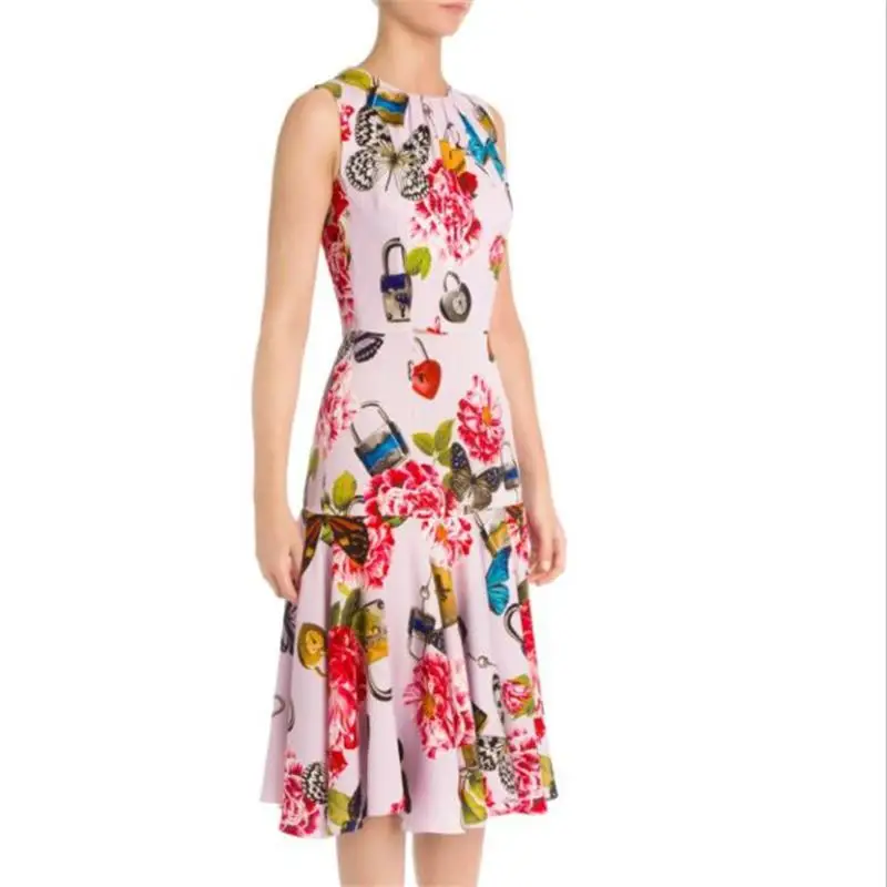 

Women Plus Size Dress High Quality Designer Runway O-Neck Sleeveless Flower Printed Elegant Casual Dresses