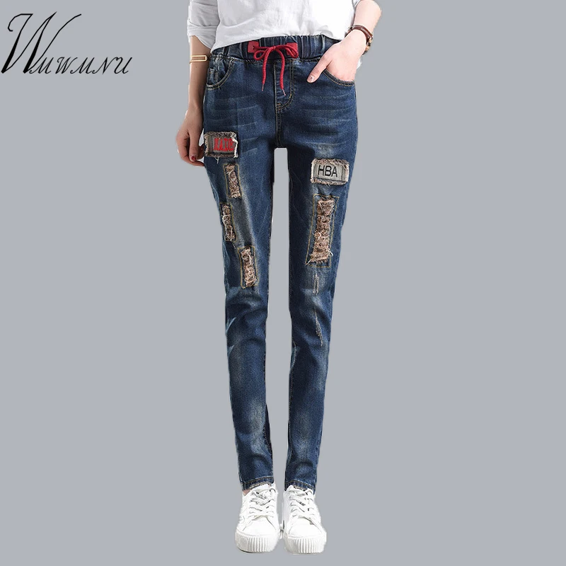 

2017 Women Summer Fashion embroidery Pants Casual Trousers For Ripped Mid Waist Drawstring Skinny Denim Calf Length Jeans F187