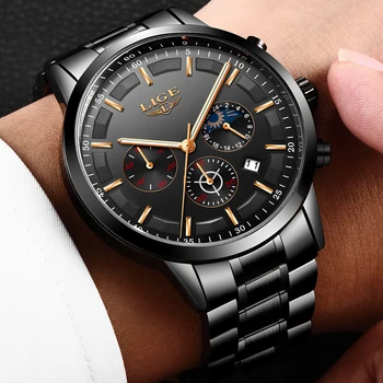 LIGE Watch Men Sport Quartz stainless steel Mens Watches Brand Luxury Waterproof Business Black WristWatch Relogio Masculino+Box 2019 megir masculino watches men fashion sport stainless steel case leather band watch quartz business wristwatch reloj hombre