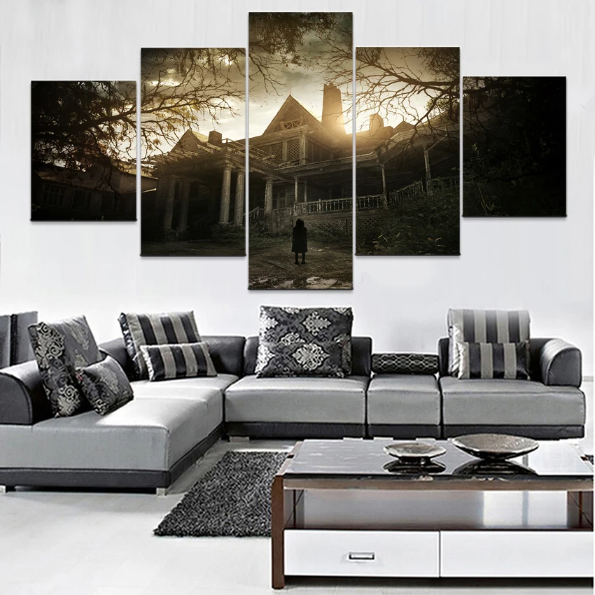 

Canvas Painting Wall Art HD Printed Home Decorative 5 Pieces Game Resident Evil 7 Dark Poster Landscape Pictures Framework