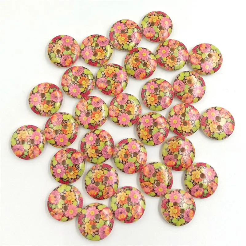 2 Holes 15MM 100PC Wooden Buttons Environmental Single Painted DIY Cartoon Flower Pattern Log Snaps Press Studs | Дом и сад