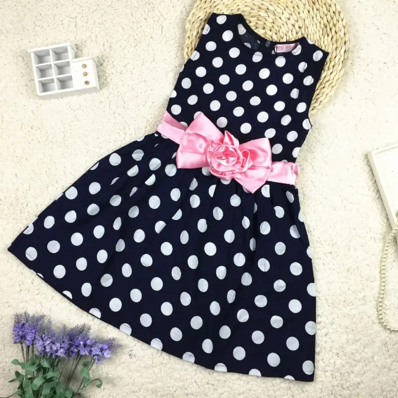Детское летнее платье принцессы для девочек милое праздничное платье без рукавов в горошек с бантом на день рождения