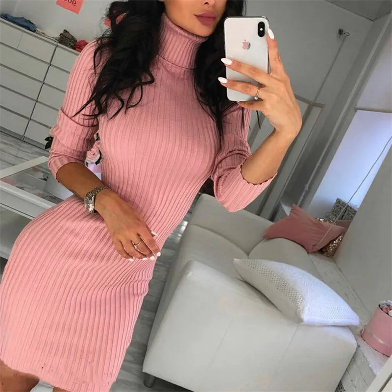 

Casual Slim Fit Autumn Winter Warm Dresses For Women Turtleneck Long Sleeve knitted Dress Bodycon arrival Pullover Knit Dress