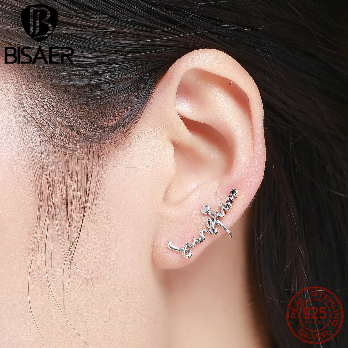 

BISAER Authentic 100% 925 Sterling Silver You Are My Sunshine Letter Cuff Stud Earrings for Women Sterling Silver Jewelry GXE263