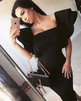 

Solid Nude Sexy Square Collar Black Knee Length Bandage Dress 2019 Designer Fashion Party Dress Vestido