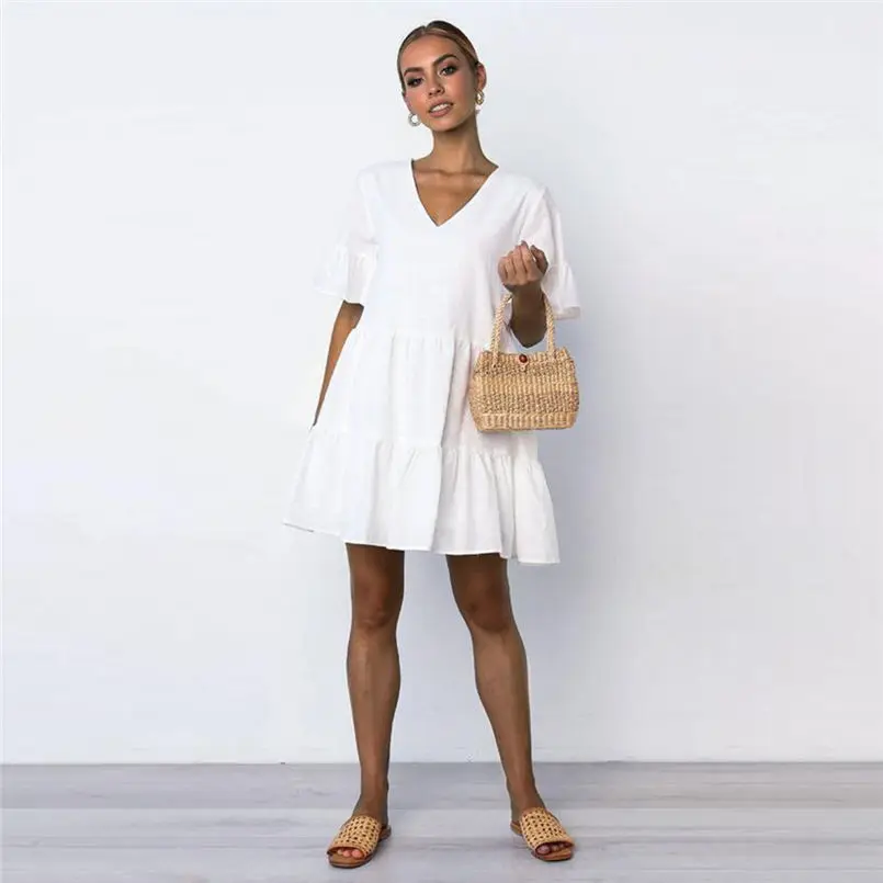 

New Womens Summer Fashion Casual Solid V-Neck Short Sleeveless Mini White Dress Casual Holiday Beach Elegant Lady Dress #4R07
