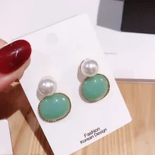 Новинка, японские корейские модные овальные серьги-гвоздики с искусственным жемчугом для женщин, милые зеленые женские вечерние серьги, подарок