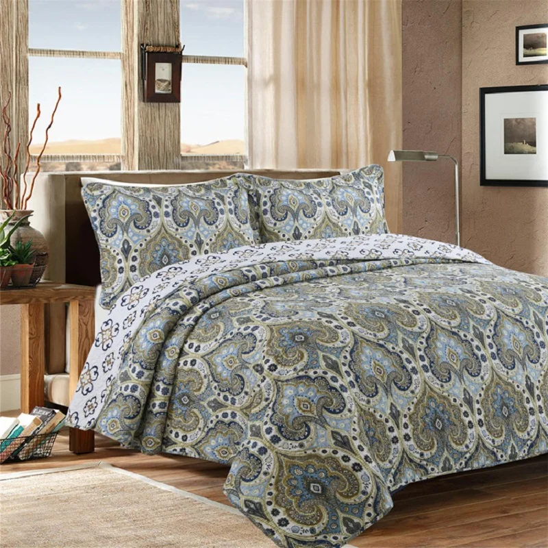 

CHAUSUB 100% Cotton Bedspread Quilt Set 3pcs Coverlet Europe Print Quilts Quilted Bed Cover Pillowcase King Size Quality Blanket