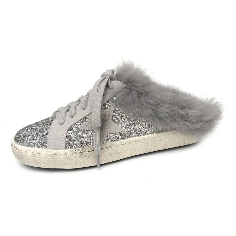 

2018 autumn new sequins round head shoes lazy rabbit fur shoes lazy outside wearing slippers women's shoes