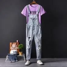 Europe европейские и американские уличные джинсы мужские дырявые летние рабочие Подтяжки Брюки Корейская версия тренда сиамские брюки мужские