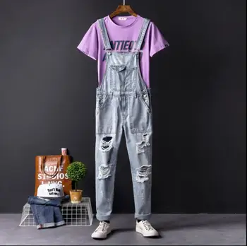 

S-5XL Europe and America street hole jeans men summer tooling suspenders pants Korean version of the trend siamese trousers men