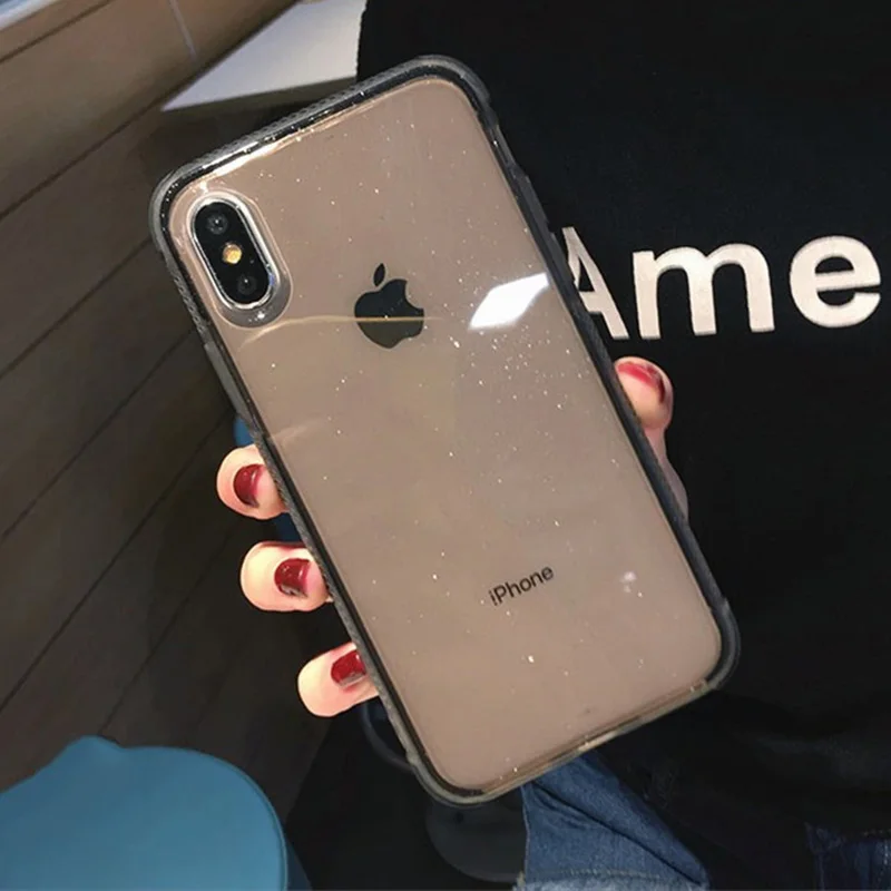 Блестящие Порошковые чехлы для телефонов iPhone X, XR, XS, MAX, XMAX, 10, 8, 7 Plus, 6, 6 S, прозрачный мягкий ТПУ противоударный чехол с логотипом - Цвет: BLACK