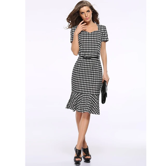 2018 women summer dress short sleeve knee length mermaid plaid polka polka dot dress plus size