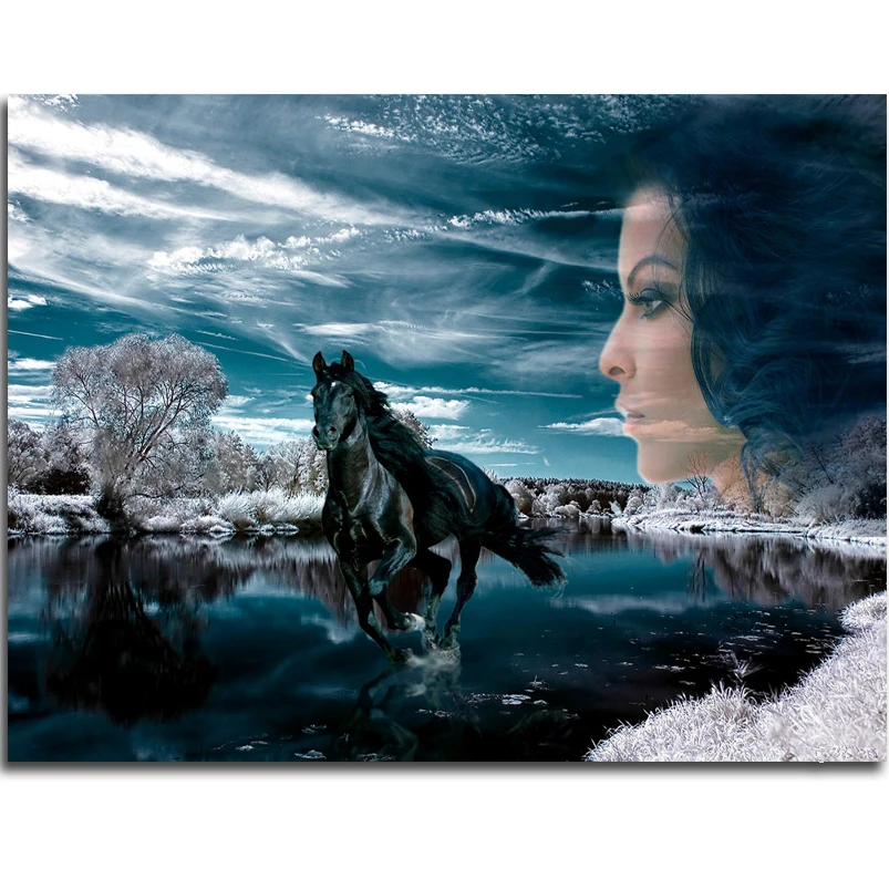 5D Diamond Painting Cross Stitch Girl and horse DIY Kit mosaic landscape In the lake foamiran for needlework hobby craft|diamond landscape|5d diamond