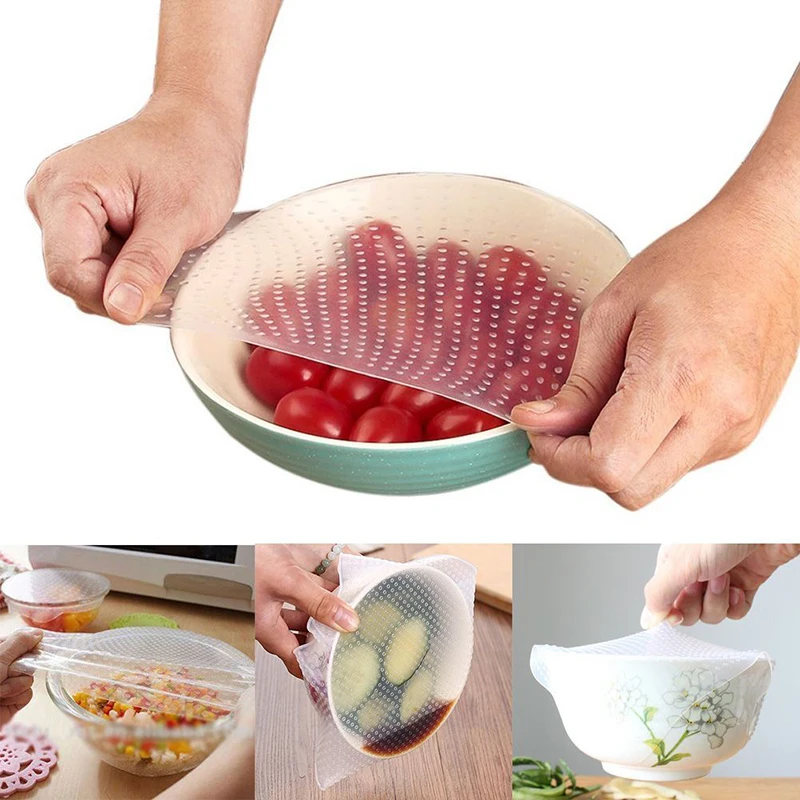 New 4Pcs/Set Multifunctional Food Fresh Keeping Saran Wrap Kitchen Tools Reusable Silicone Wraps Seal Cover #238059 | Дом и сад