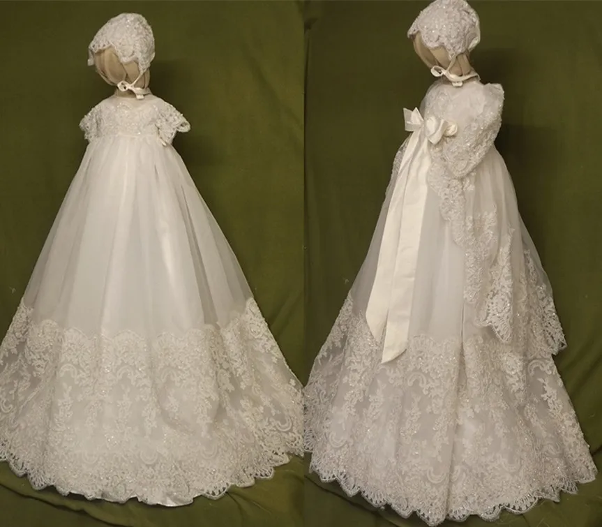 Fenghuavip Infant Christening Gown For Baby Girls - Short Sleeve Long Lace Baptism Dress With Bonnet