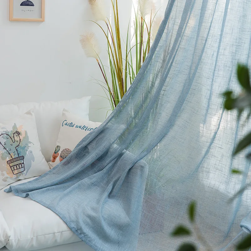 

WLIARLEO Pastoral Voile Curtains Linen Translucidus Tulle Curtain Sheer Solid Blue Window curtain for Bedroom,Living room Decor