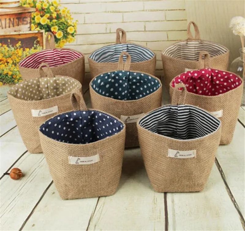 

1Pcs Fashion jute with cotton lining sundries basket mini desktop storage bag hanging bags Zakka style storage box New
