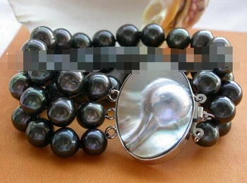 

shitou 00624 8" 3rows Genuine Natural 11-12mm Black pearl Bracelet mabe pearl clasp!