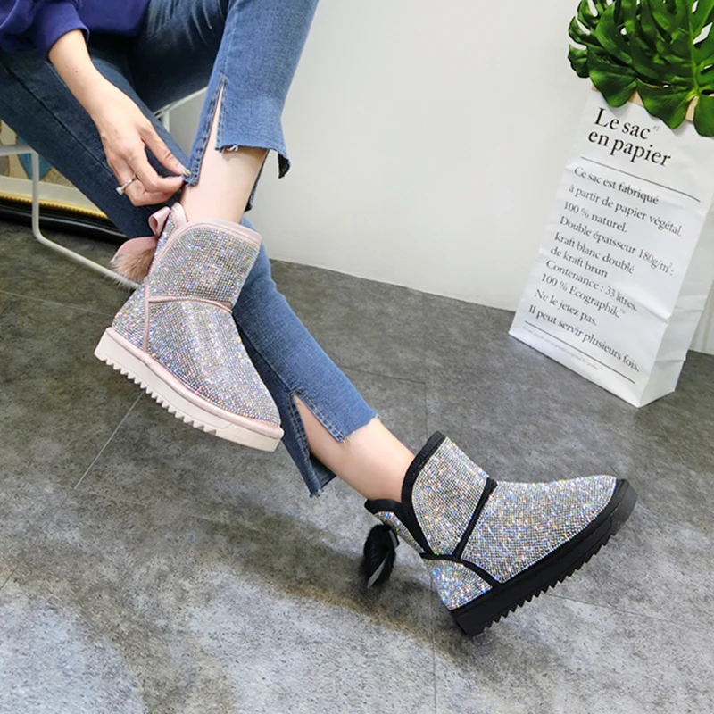 

LORFRCIN Women Snow Boots Platforms Winter Female Ankle Boots Warmer Bowtie Fur Shoes 2018 Fashion All Rhinestone Ladies Shoes