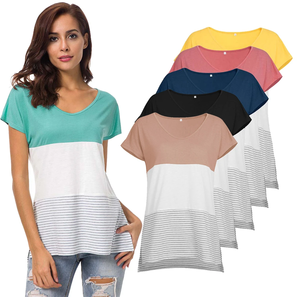 

Louyebouho Women Summer Casual Slim T Shirts Short Sleeve Stripes Solid V Neck Split Tees Top Fashion Bottoming Shirt Streetwear