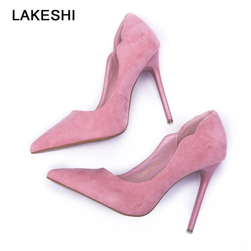 

LAKESHI New Fashion Women Pumps Sexy Flock Shoes High Heels Shoes Women Slip on Pumps Shoes Pointed Toe Party Shoes Pink