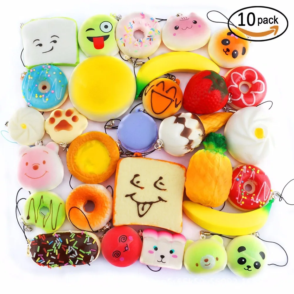 

Cute Mini Squishies Squishy Toys Bread Donut Panda Toast Cake Cell Bun Straps Random 10Pcs