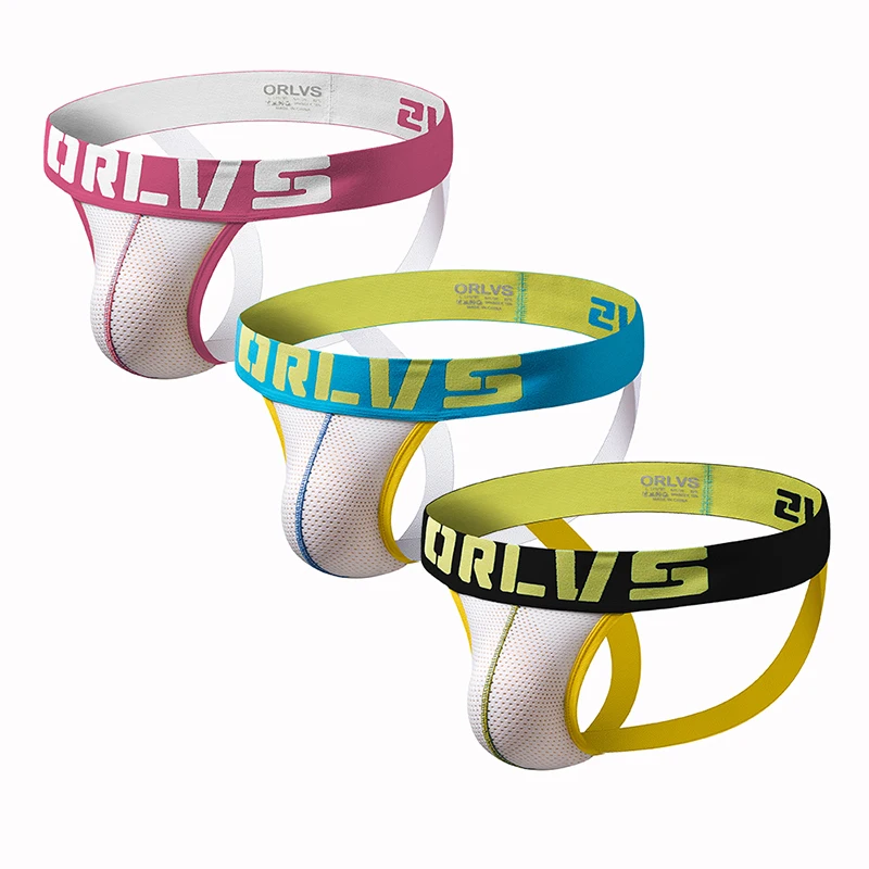 

ORLVS 3PC/LOT Mesh gay men underwear sexy jockstrap thongs g-strings cotton string homme men's underwear sexy lingerie