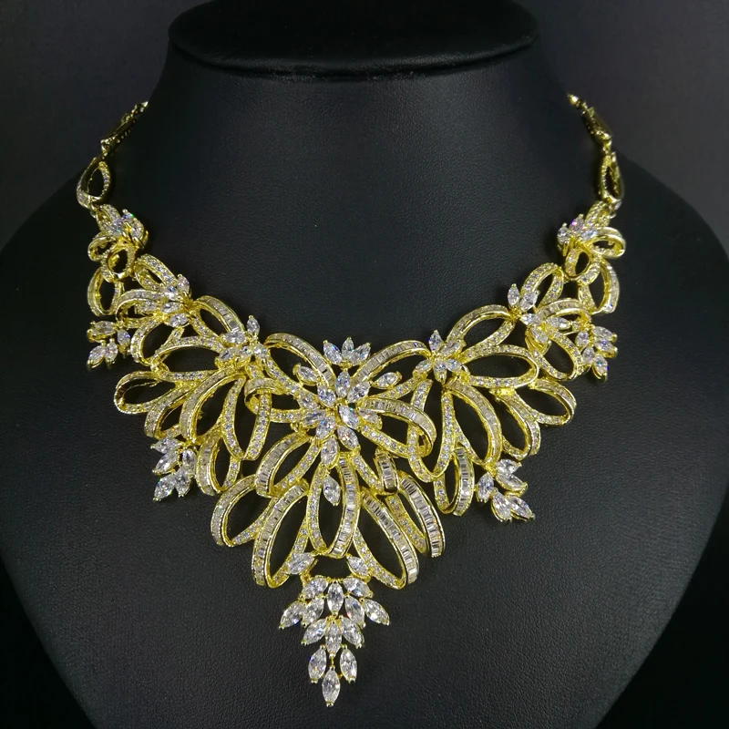 Новые модные роскошные Кристаллы фианита золотое ожерелье браслет из серьги Свадебные невесты банкетные украшения для ужина Набор
