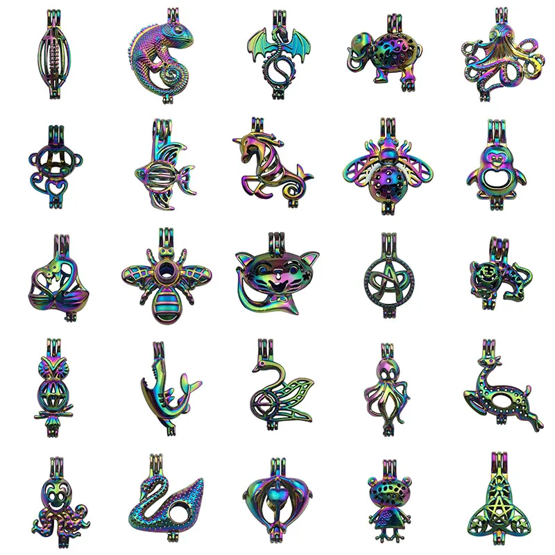 

Raibow Alloy More Than 20 Style Animal Locket Cage Pendant Aroma Oil Essential Diffuser Pendants for Pearl Oyster Dia 8mm Beads