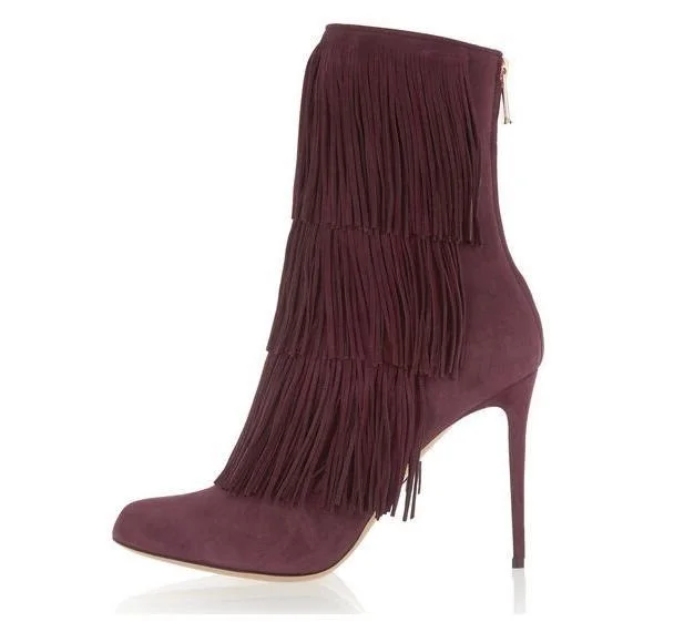 

New Hot Fringe Women Boots Pointed Toe High Heels Ankle Boots Autumn Winter Sexy Ladies Short Boots Solid Suede Dress Shoes