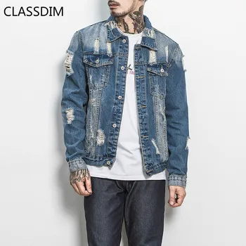 

CLASSDIM Men Holes Denim Jacket Coats Light Blue Jean Coats New Fashion Men Cotton Denim Jackets Outwear Jean Coats