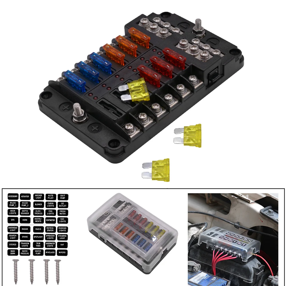 Универсальный автомобильный лопастной предохранитель коробка Автомобильная схема предохранитель блок держатель DC32V 1-12 способ с Светодиодный индикатор
