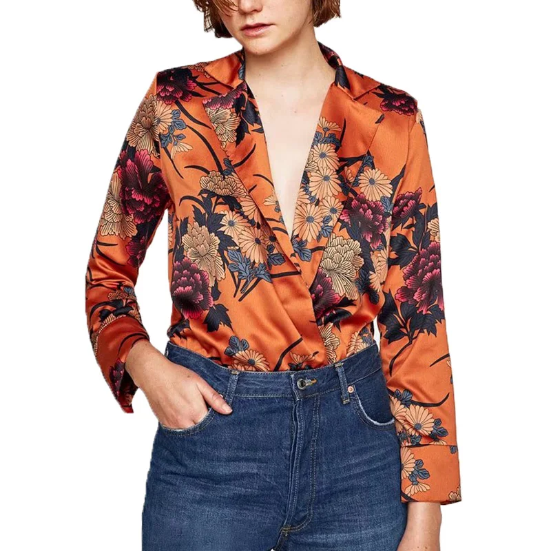 2017 Floral Jumpsuit Romper Women Deep V Long Sleeve Bodysuit Femlae Vintage Drawstring Satin Jumpsuit Overalls Body Mujer Body : image 2017 Floral Jumpsuit Romper Women Deep V Long Sleeve Bodysuit Femlae Vintage Drawstring Satin Jumpsuit Overalls Body Mujer Body