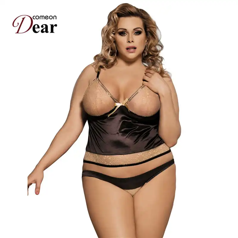 Comeondear Porno Babydoll Sexy Mesh Womens Lingerie With Low Waist Panty M  XL 3XL 5XL Brown Soft Stain Erotic Dress RA80350