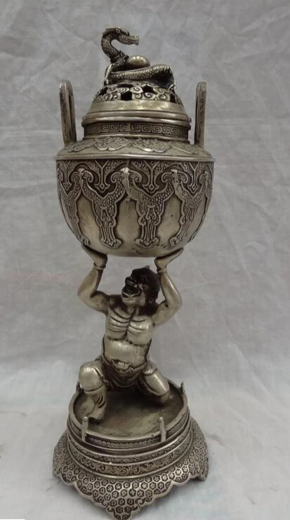 

JP S0114 12" Tibet Silver Dragon Head Statue Japanese Ghost Lion Incense Burner Censer Discount 35%